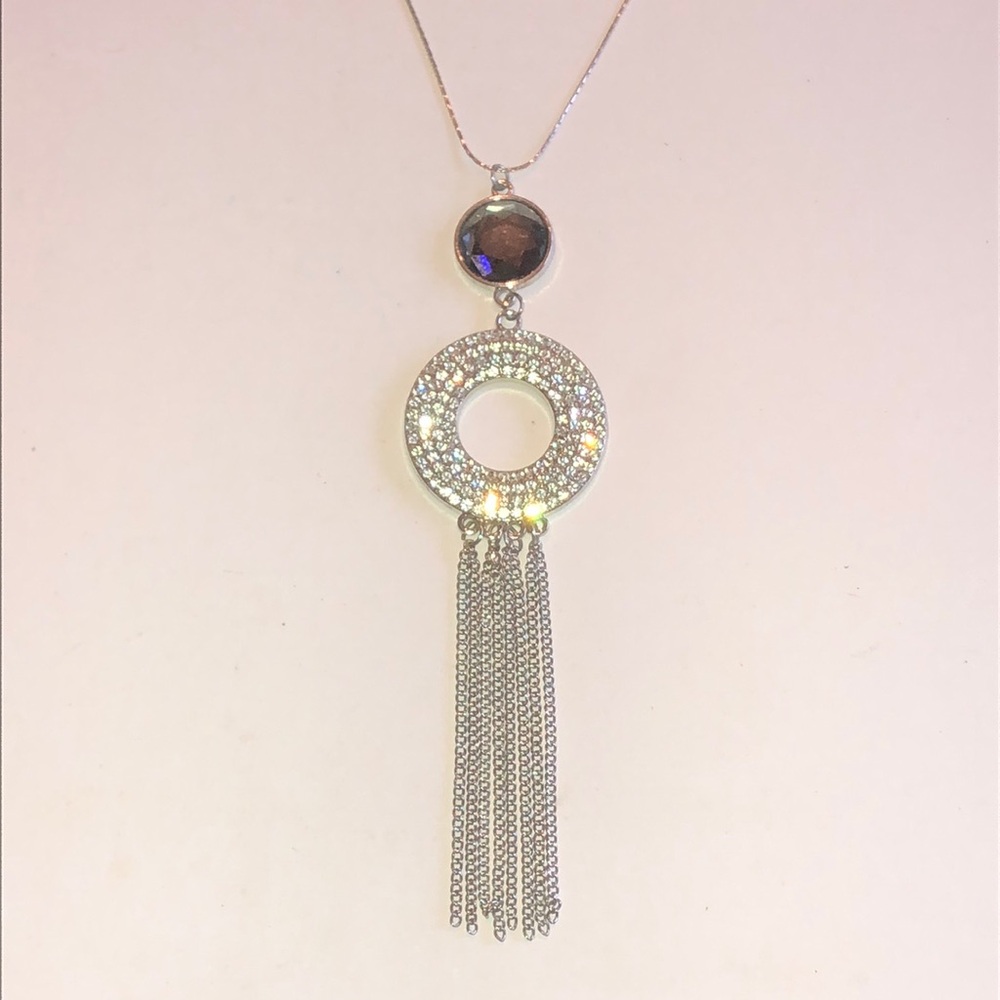 Silver Tone Crystal Circle Tassel Pendant Boho Necklace